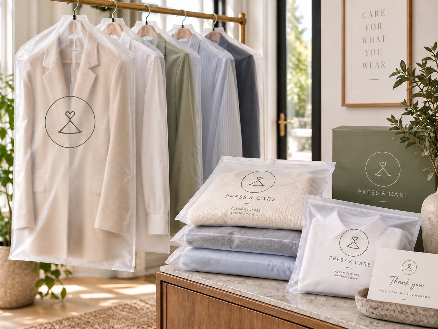 Garments hung and folded in Fresh Press garment covers, printed with the hanger and heart logo
