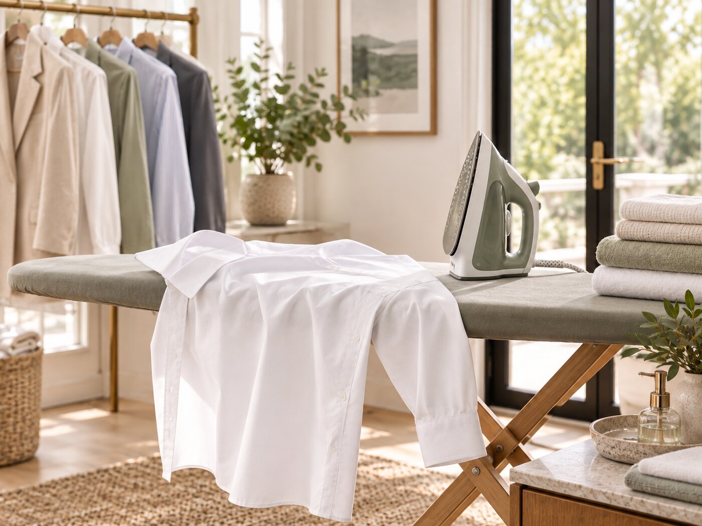 A shirt being hand-pressed on an ironing board, with pressed garments hanging on a rail behind
